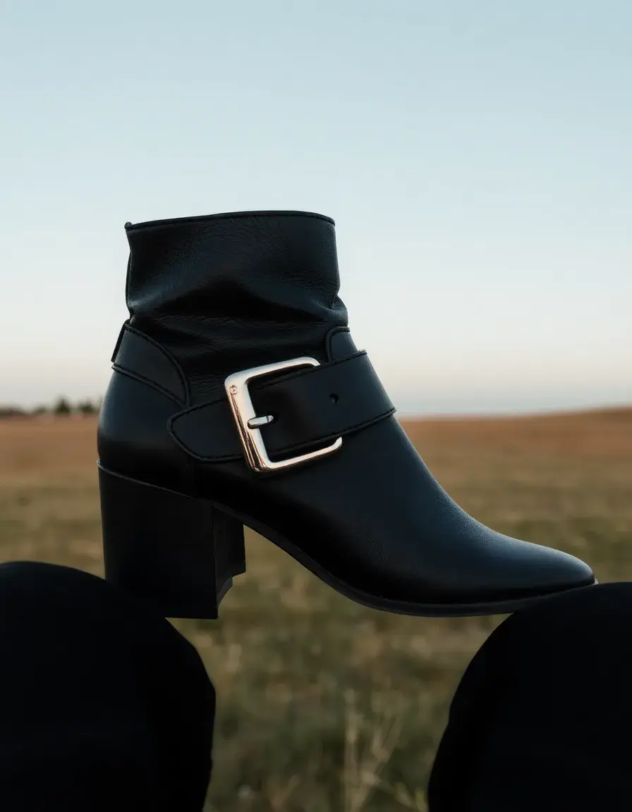Bottines à boucles métalliques en cuir noir