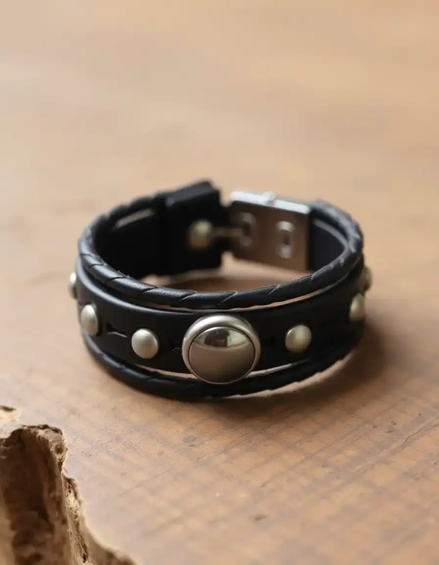 Bracelet large en cuir noir pour homme style viking ou biker