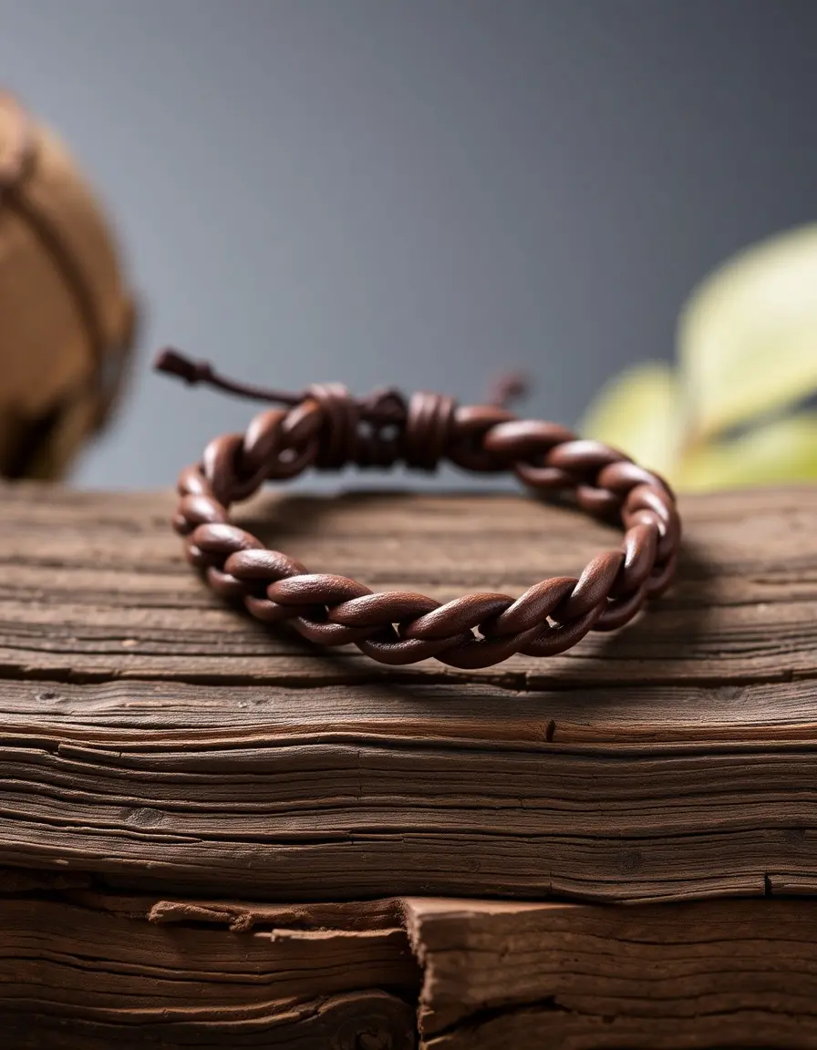 Bracelet tressé en cuir marron artisanat masculin