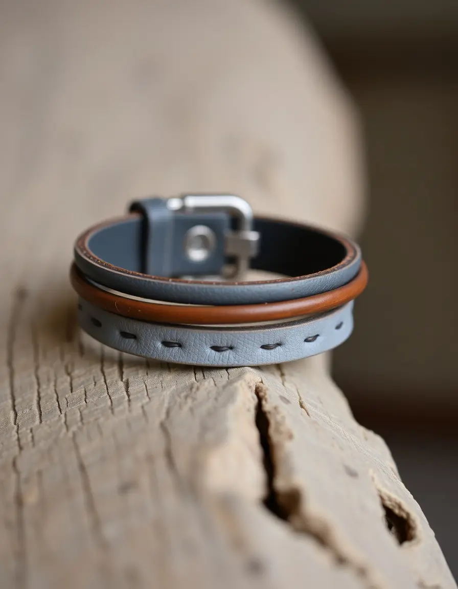 Bracelet manchette en cuir gris design moderne