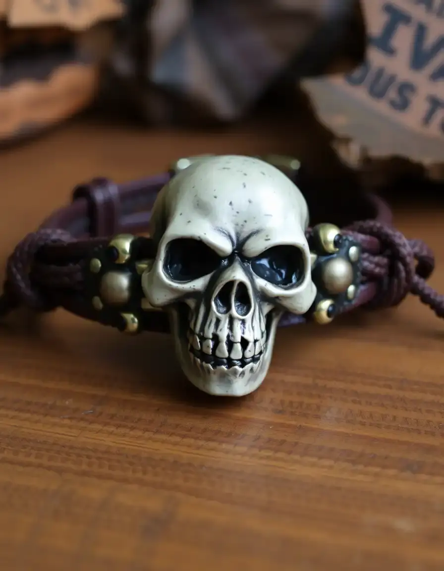 Bracelet homme cuir avec détails tête de mort en métal
