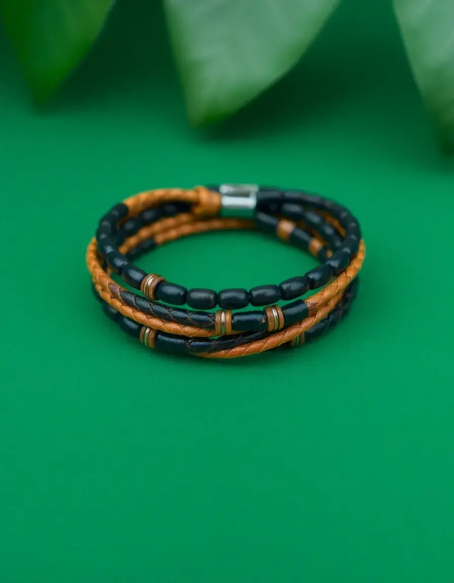 Bracelet multi-rangs homme cuir tressé et lisse