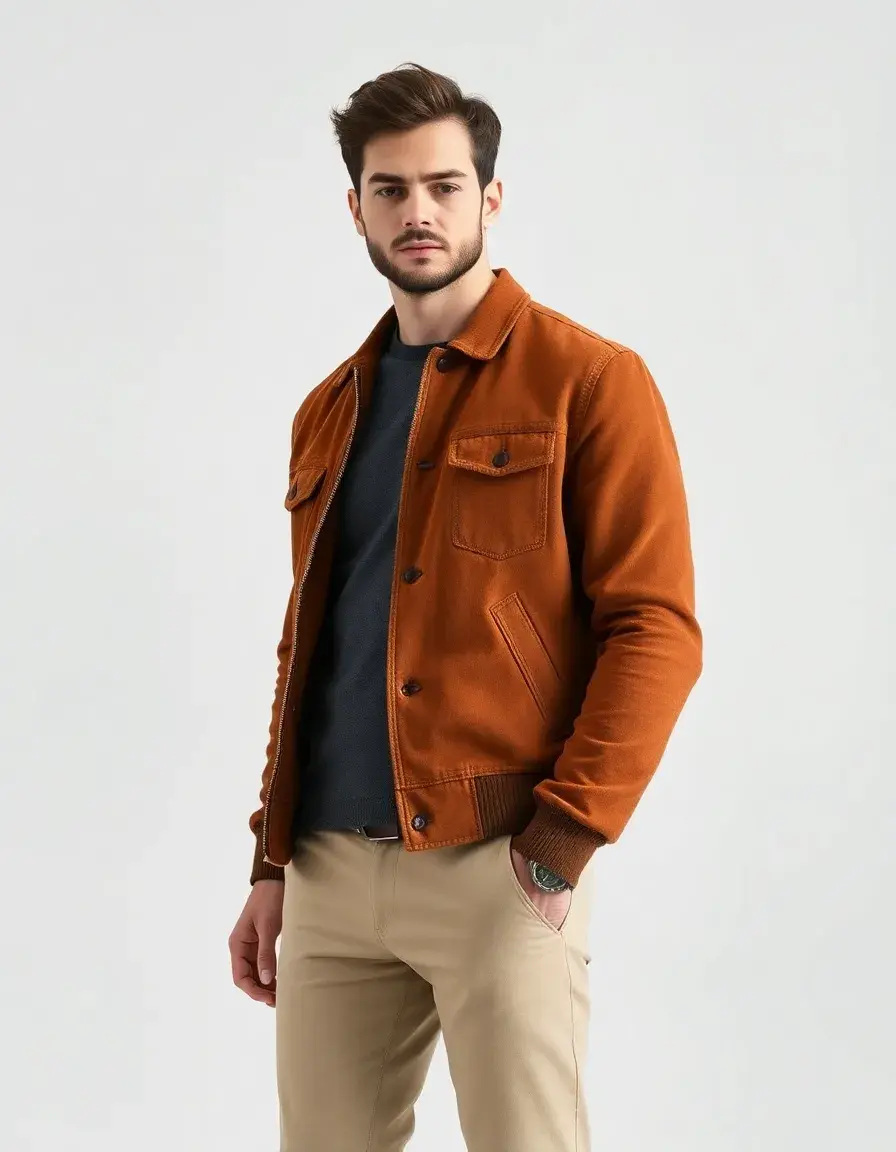 Blouson en daim marron clair pour homme style élégant