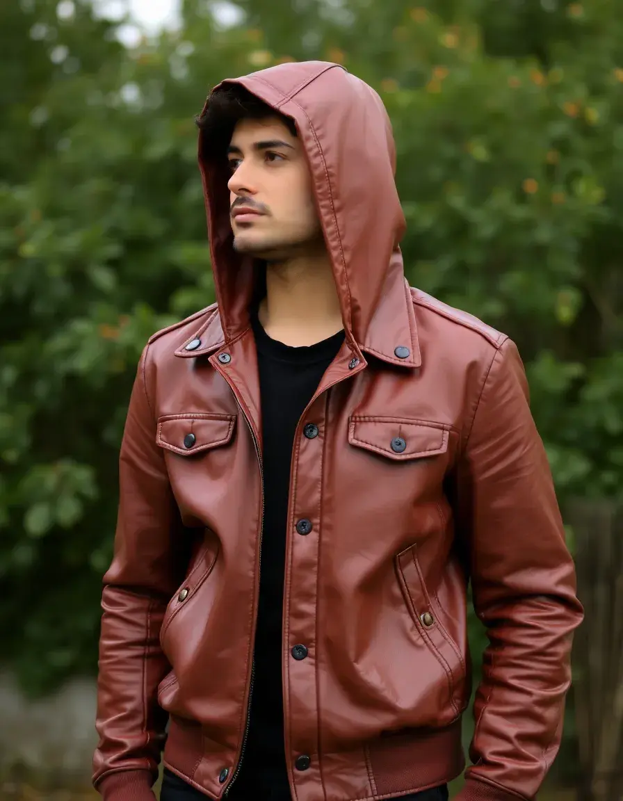 Blouson cuir homme avec capuche intégrée style moderne