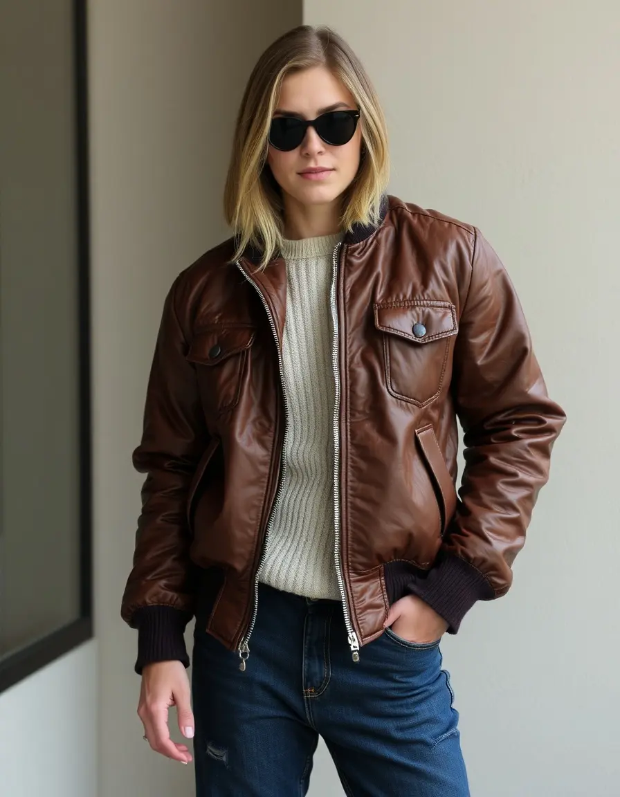 Blouson cuir marron homme avec détails matelassés