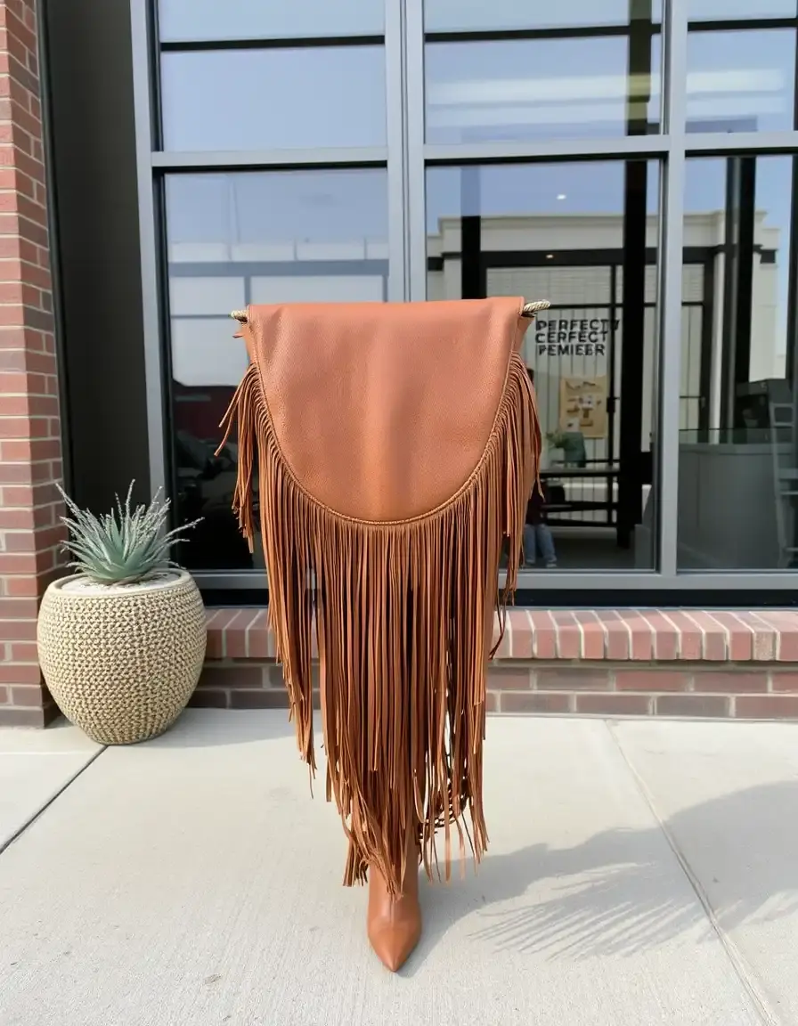 Veste en cuir marron avec franges style perfecto
