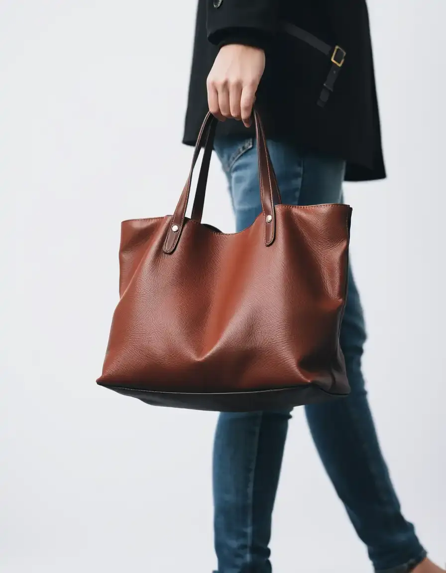 Grand sac fourre-tout en cuir marron porté main, cuir sacs de qualité