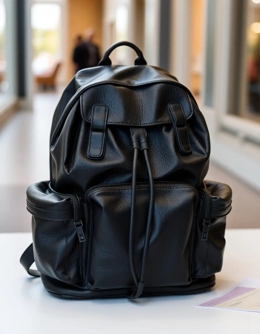 Sac à dos en cuir noir avec multiples poches, cuir sacs fonctionnels
