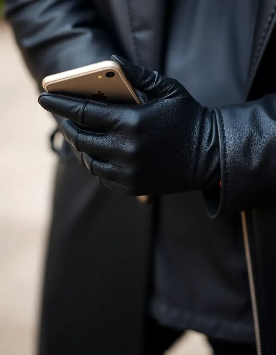 Gants en cuir noir tactiles pour femme sur smartphone