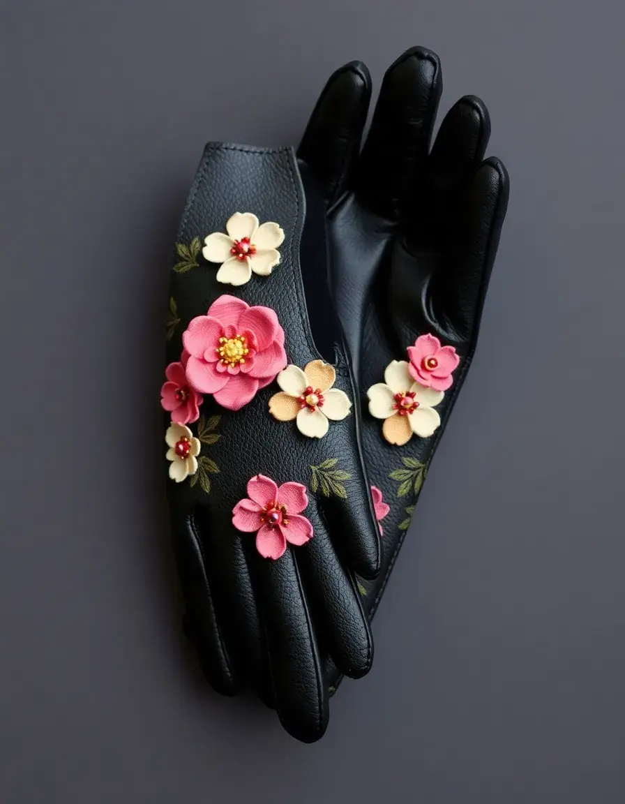 Gants en cuir avec broderies florales élégantes