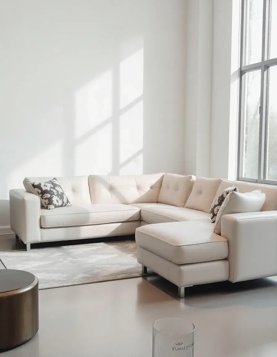 Canapé en cuir blanc en forme de L dans un salon épuré