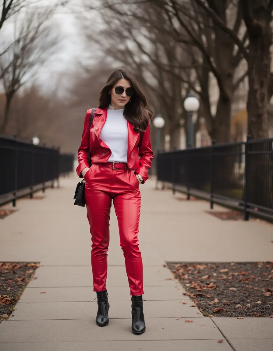 Pantalon en cuir rouge taille haute pour femme allure élégante