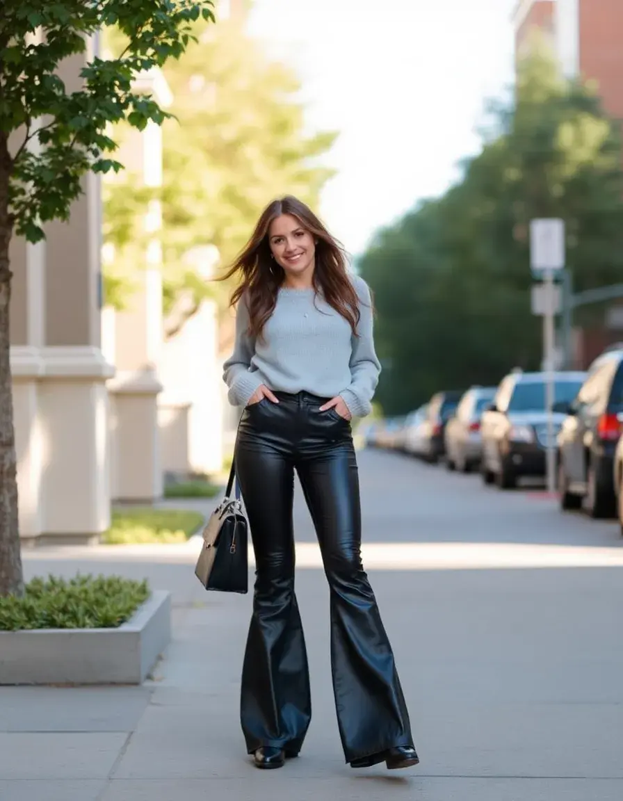 Pantalon évasé flare en cuir noir style vintage
