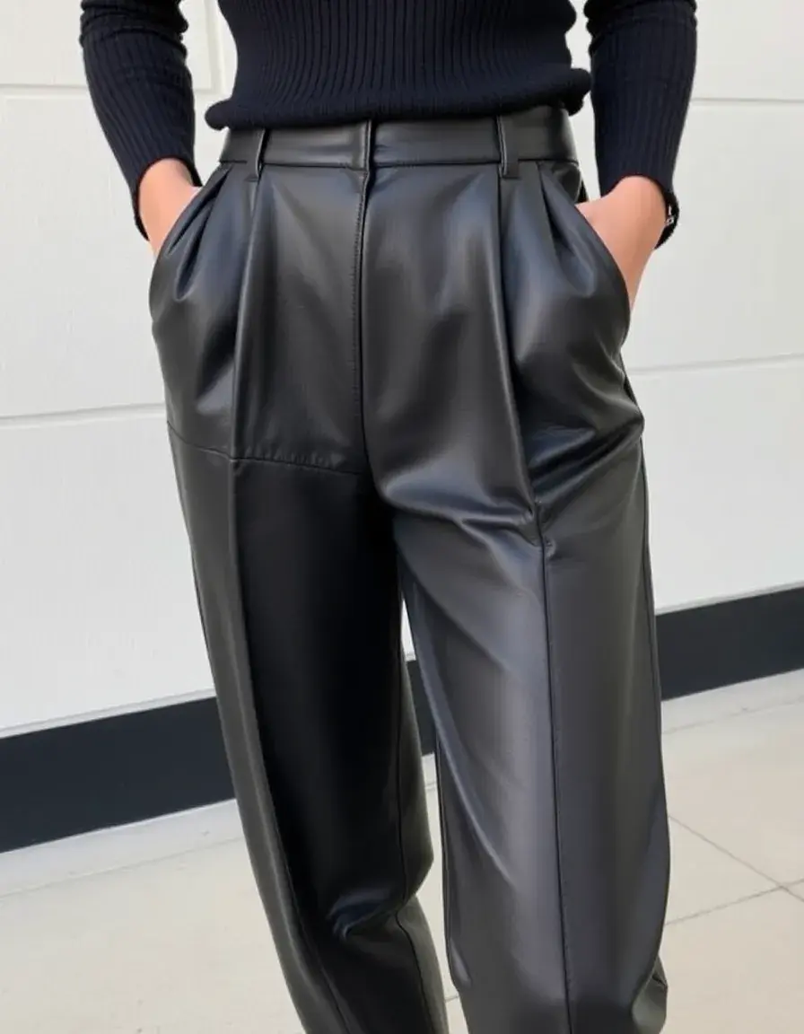 Pantalon en cuir avec plis sur le devant style chic
