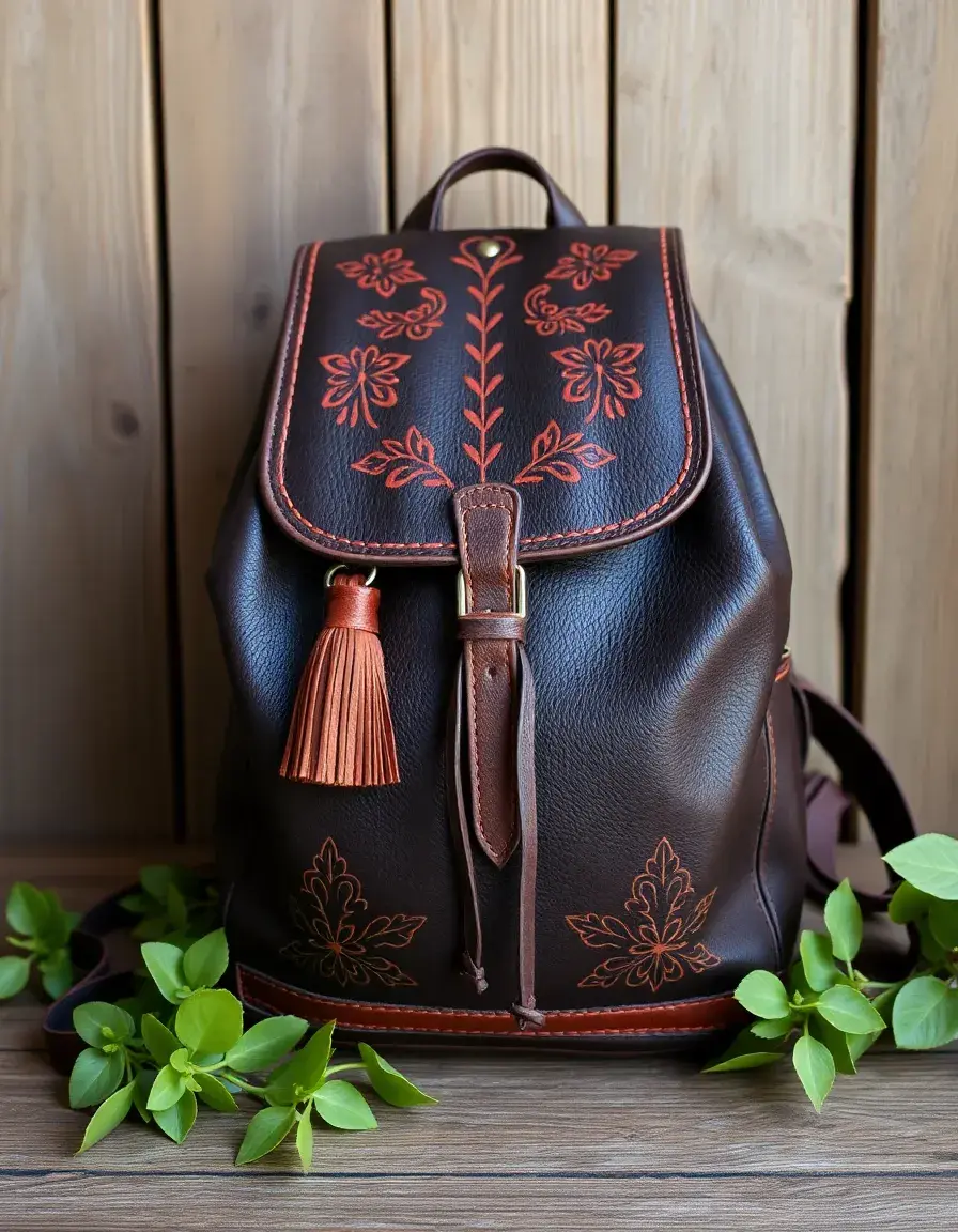 Sac à dos en cuir avec broderies artisanales