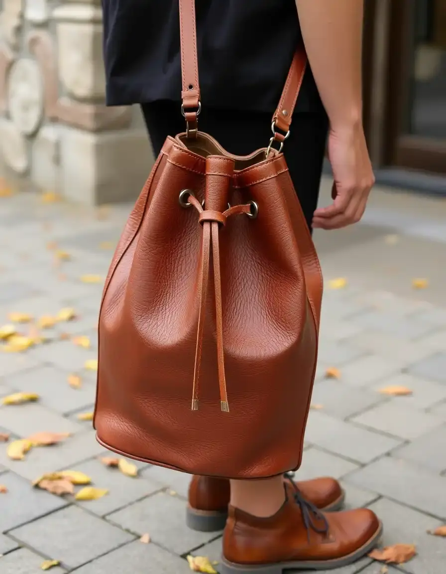 Sac seau en cuir avec cordon de serrage