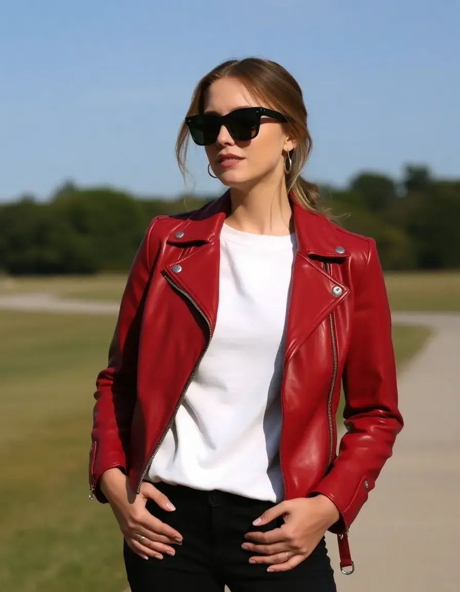 Veste cuir femme type biker rouge vif coupe cintrée