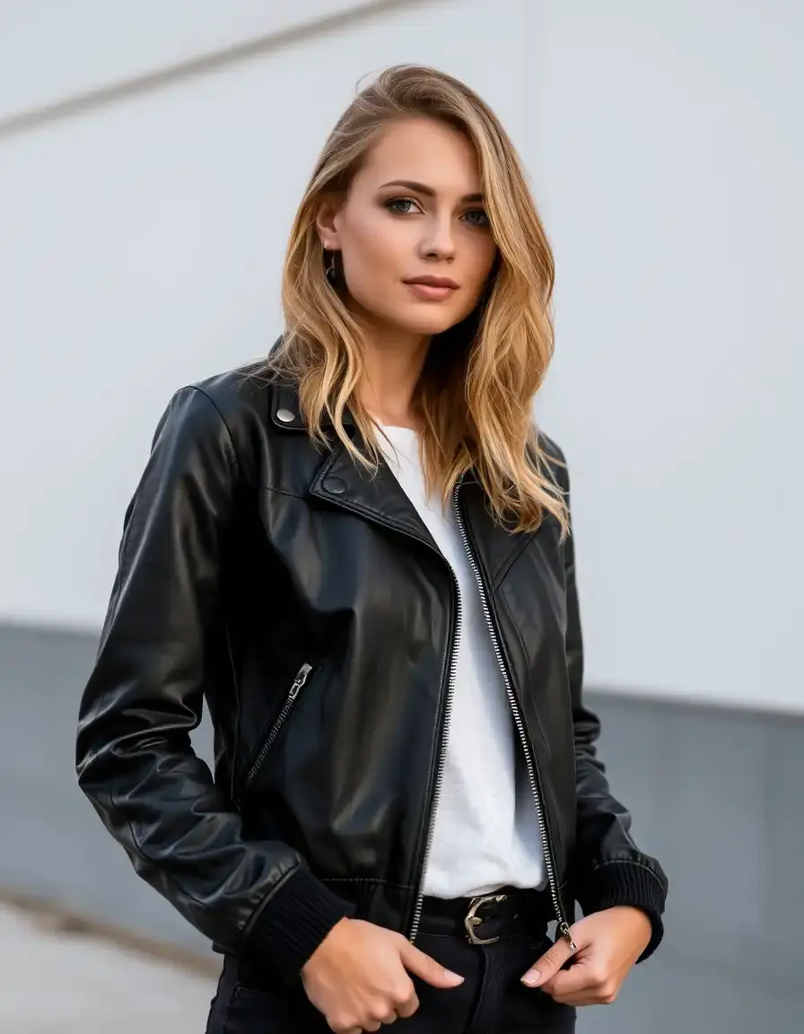 Veste cuir femme type bomber noir style moderne