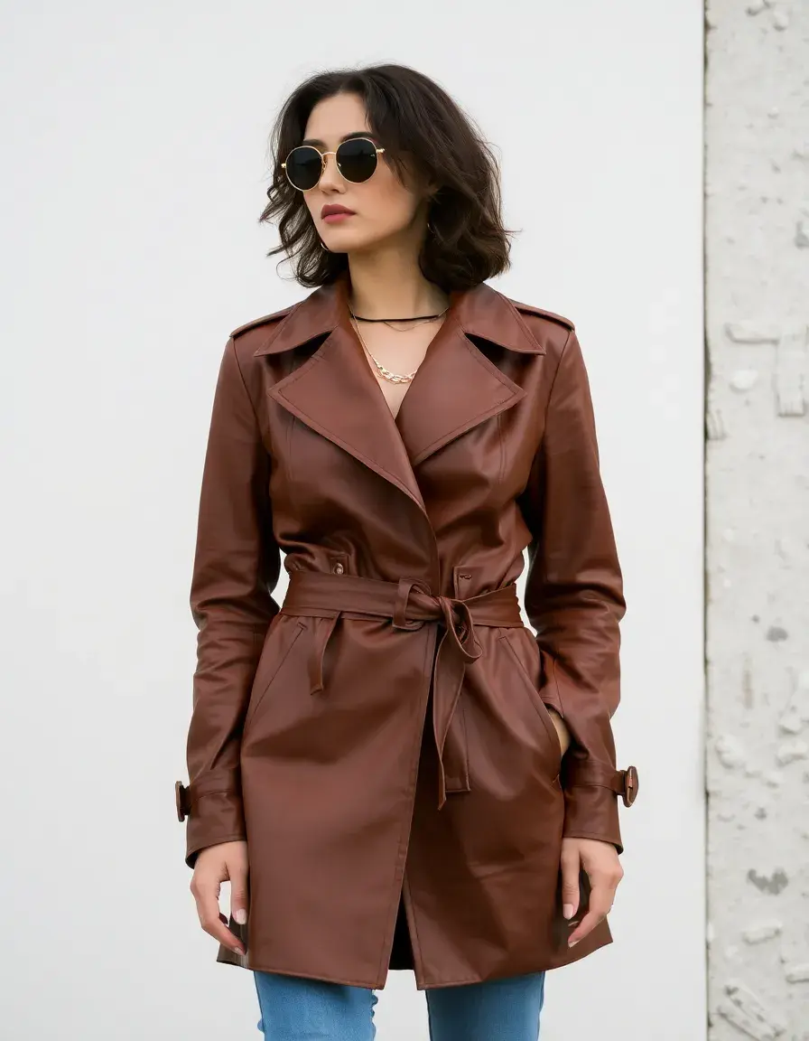 Manteau trench en cuir marron pour femme