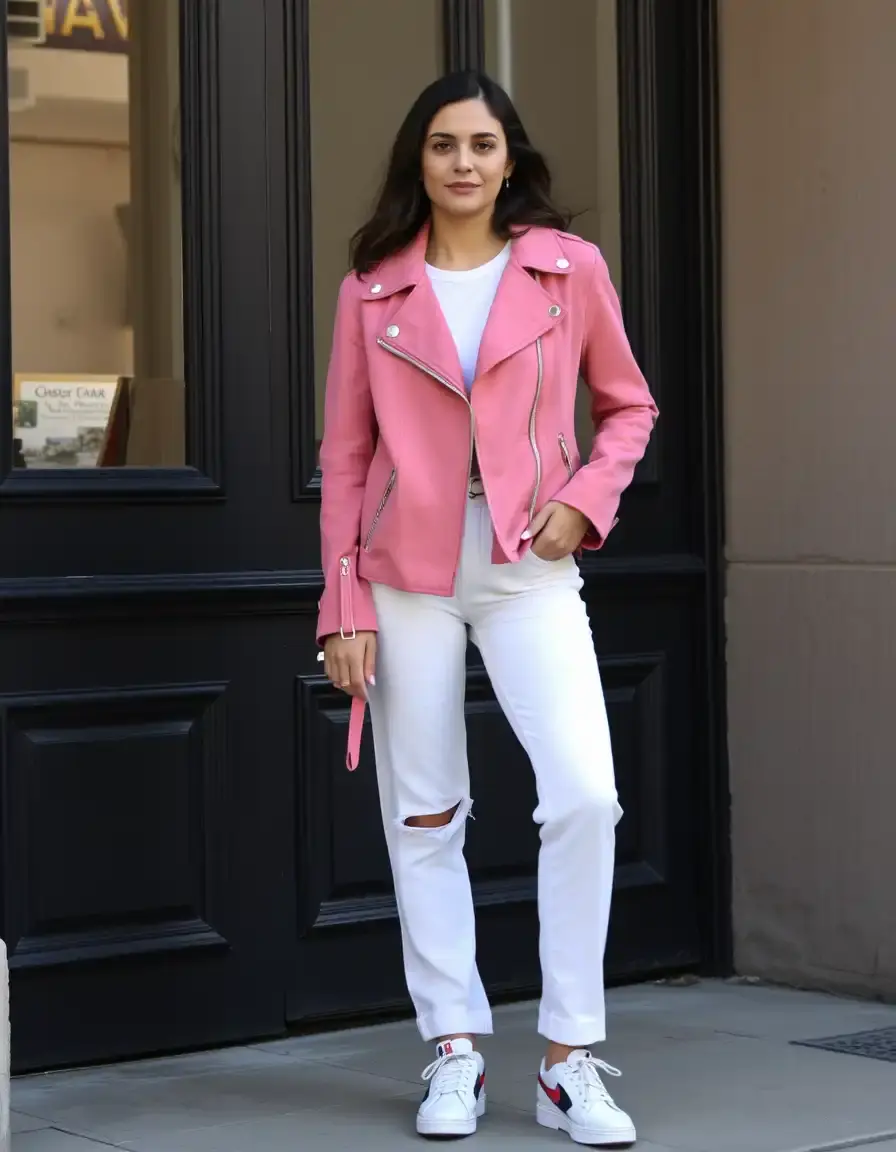 Veste en cuir suédé rose pour femme style romantique