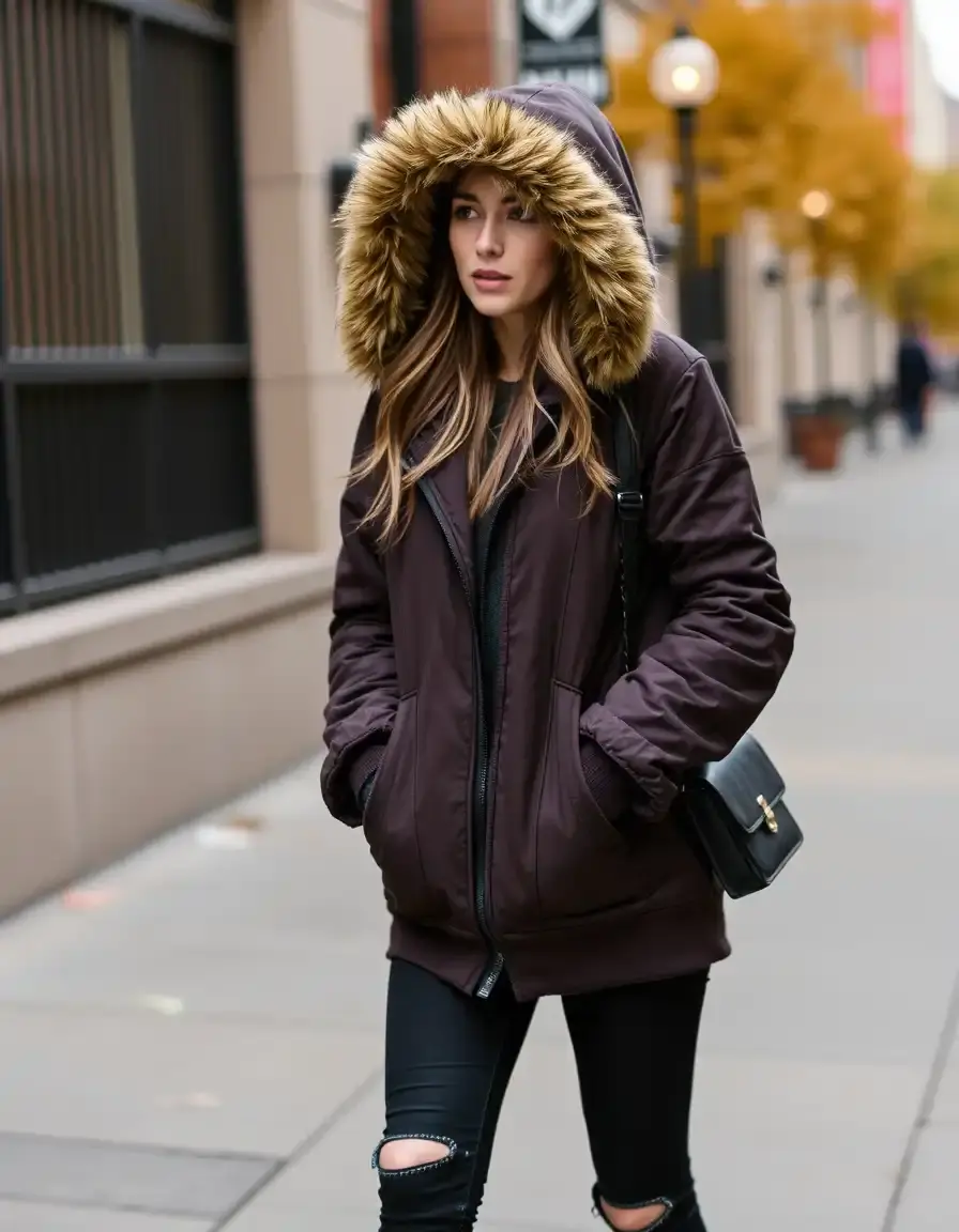 Veste simili cuir femme avec capuche intégrée
