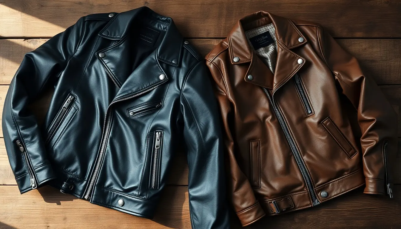 Veste en cuir de qualité supérieure posée sur une table en bois rustique