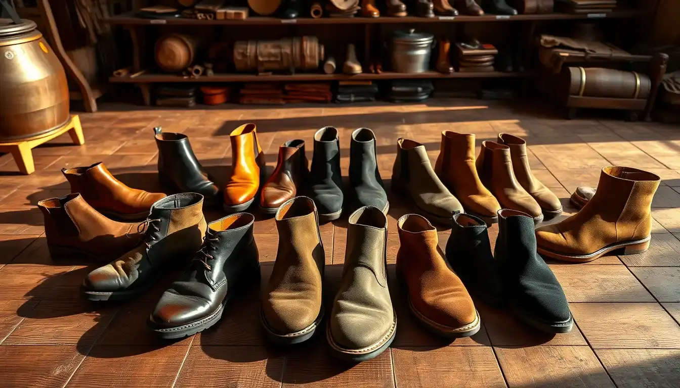 Sélection de bottines femme cuir élégantes disposées dans un atelier artisanal