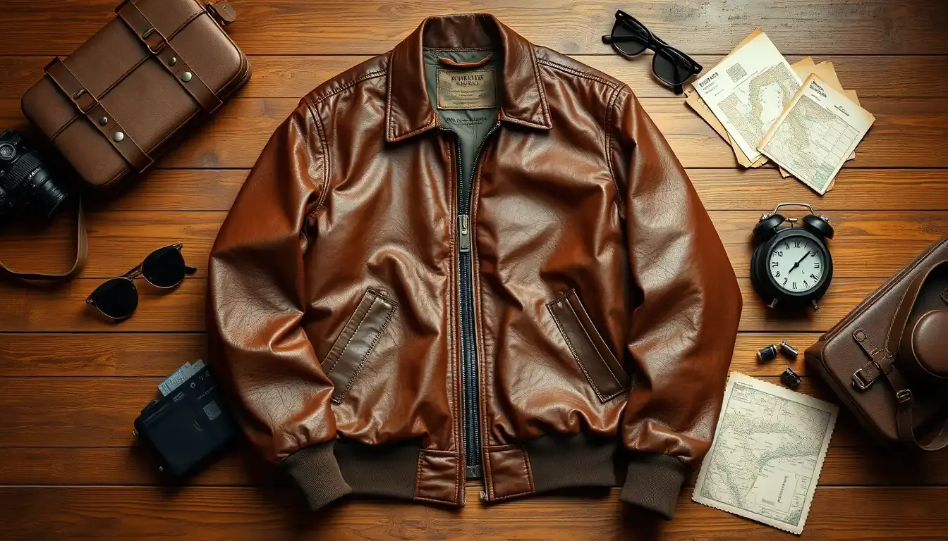 Veste en cuir marron de qualité supérieure posée sur une table en bois rustique
