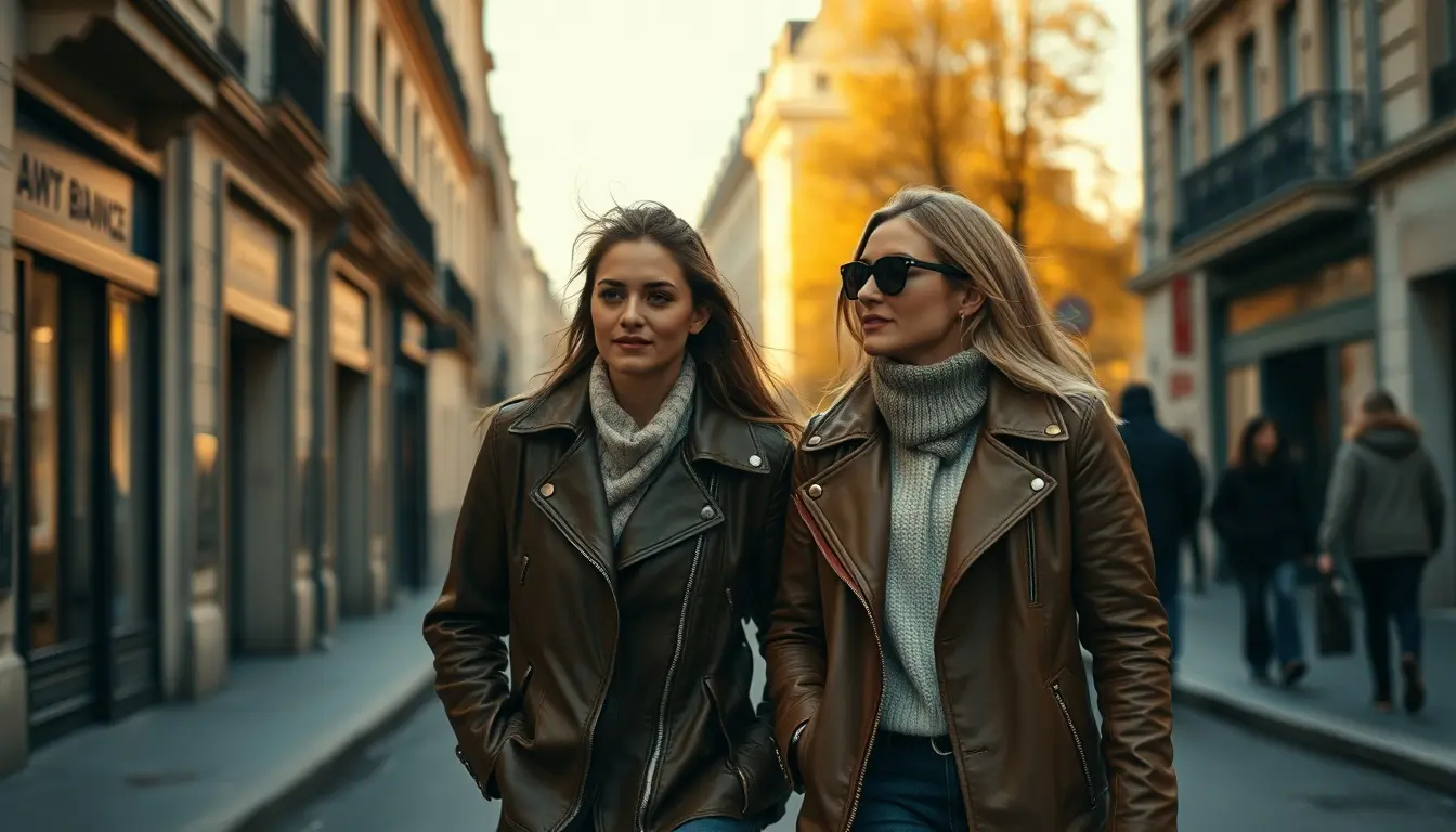 Homme et femme élégants portant une veste en cuir marron dans une rue urbaine en automne