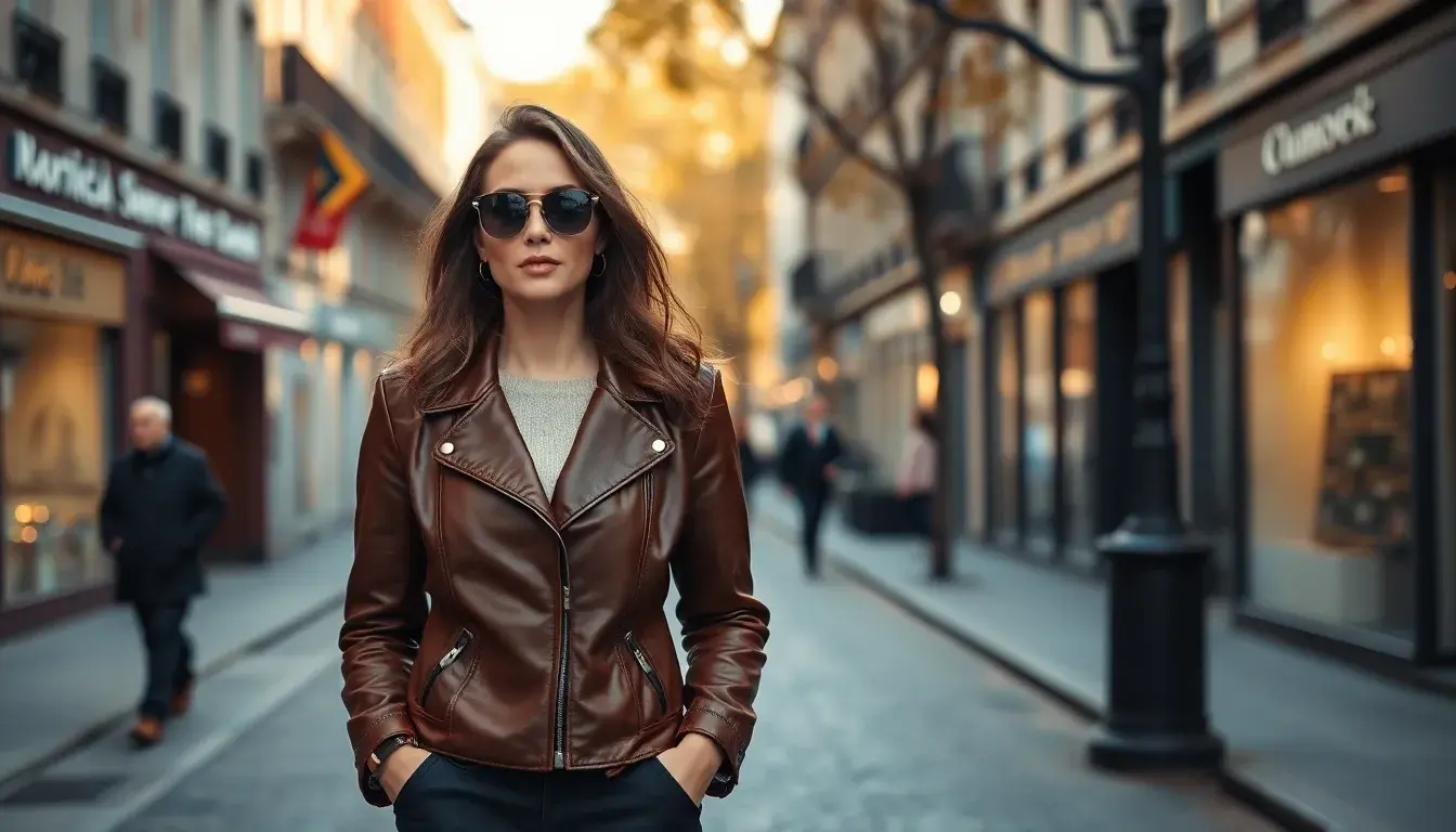 Femme élégante portant une veste en cuir simili marron dans une rue de Paris