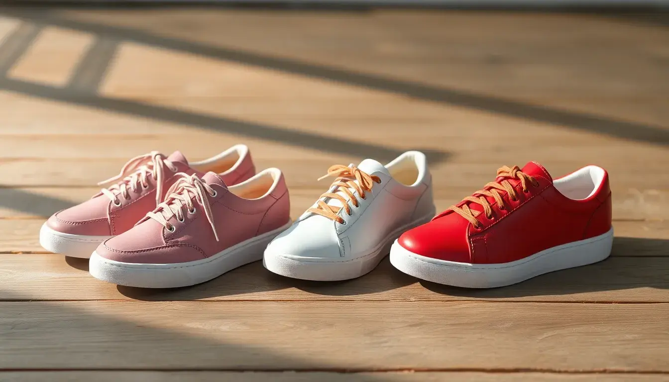 Baskets femme cuir élégantes de différentes couleurs sur une surface en bois épurée.