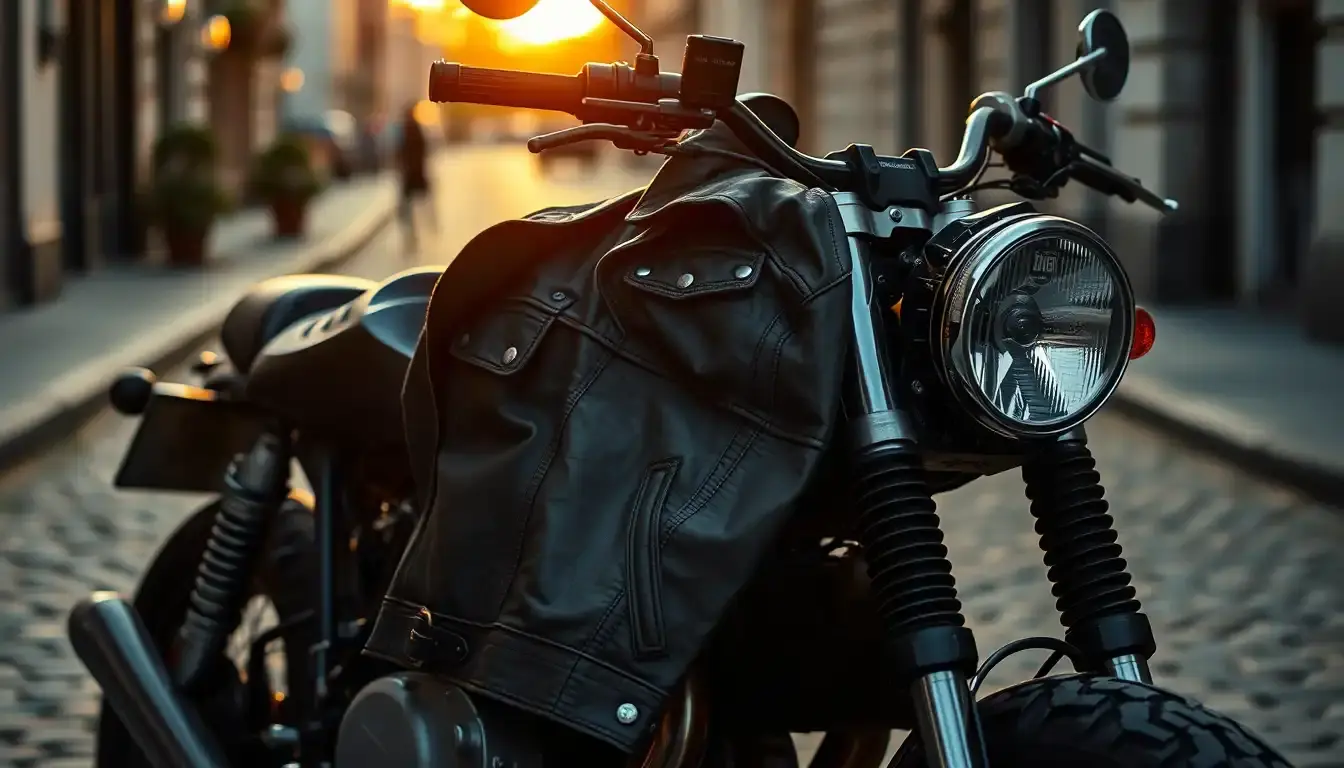 Blouson cuir moto vintage posé sur une moto classique au coucher du soleil
