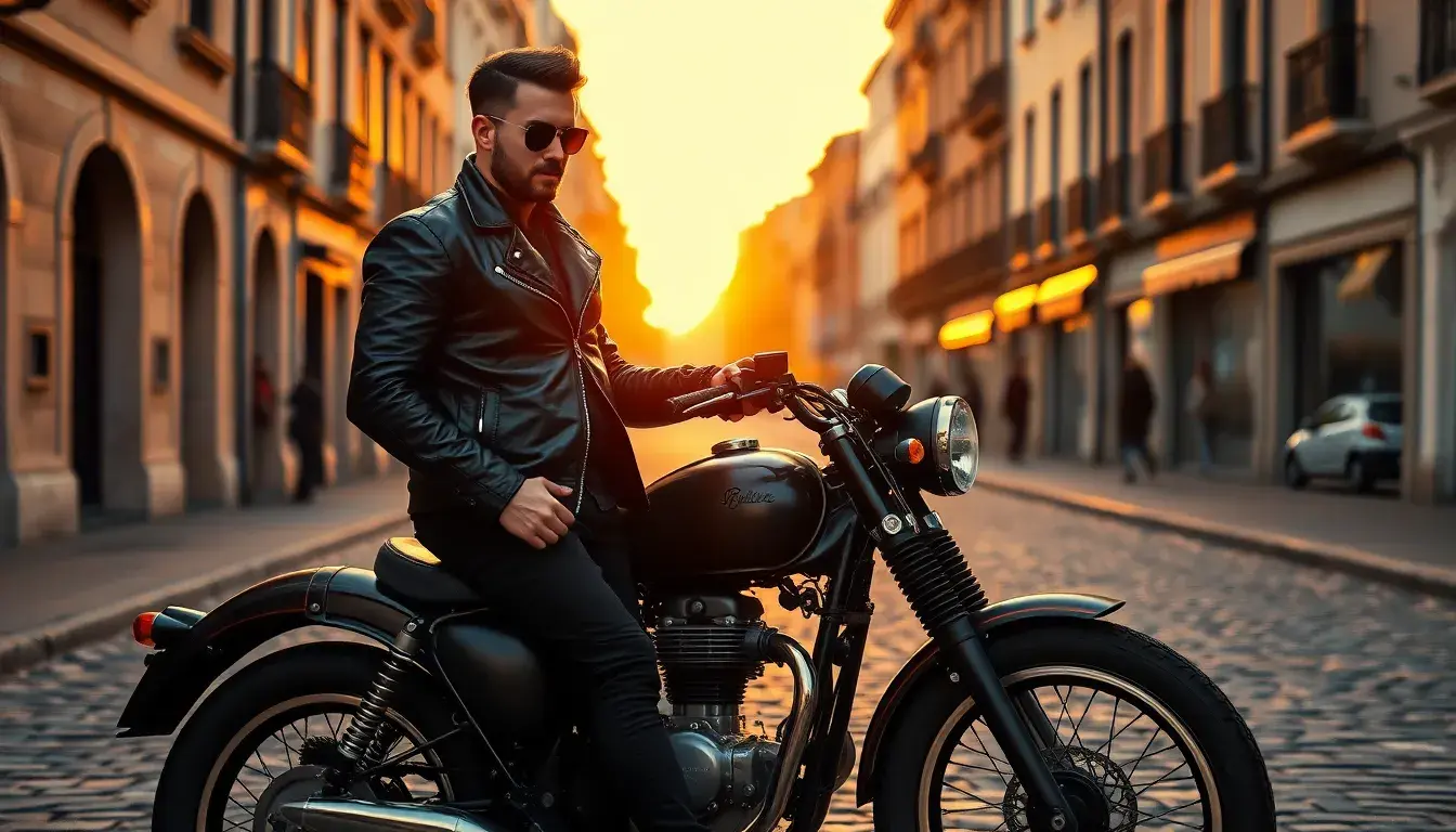 Cavalier stylé en blouson moto cuir noir s'appuyant sur une moto vintage