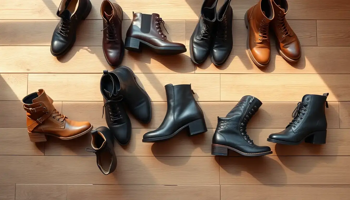 Sélection de boots cuir femme élégantes présentées sur un sol en bois rustique
