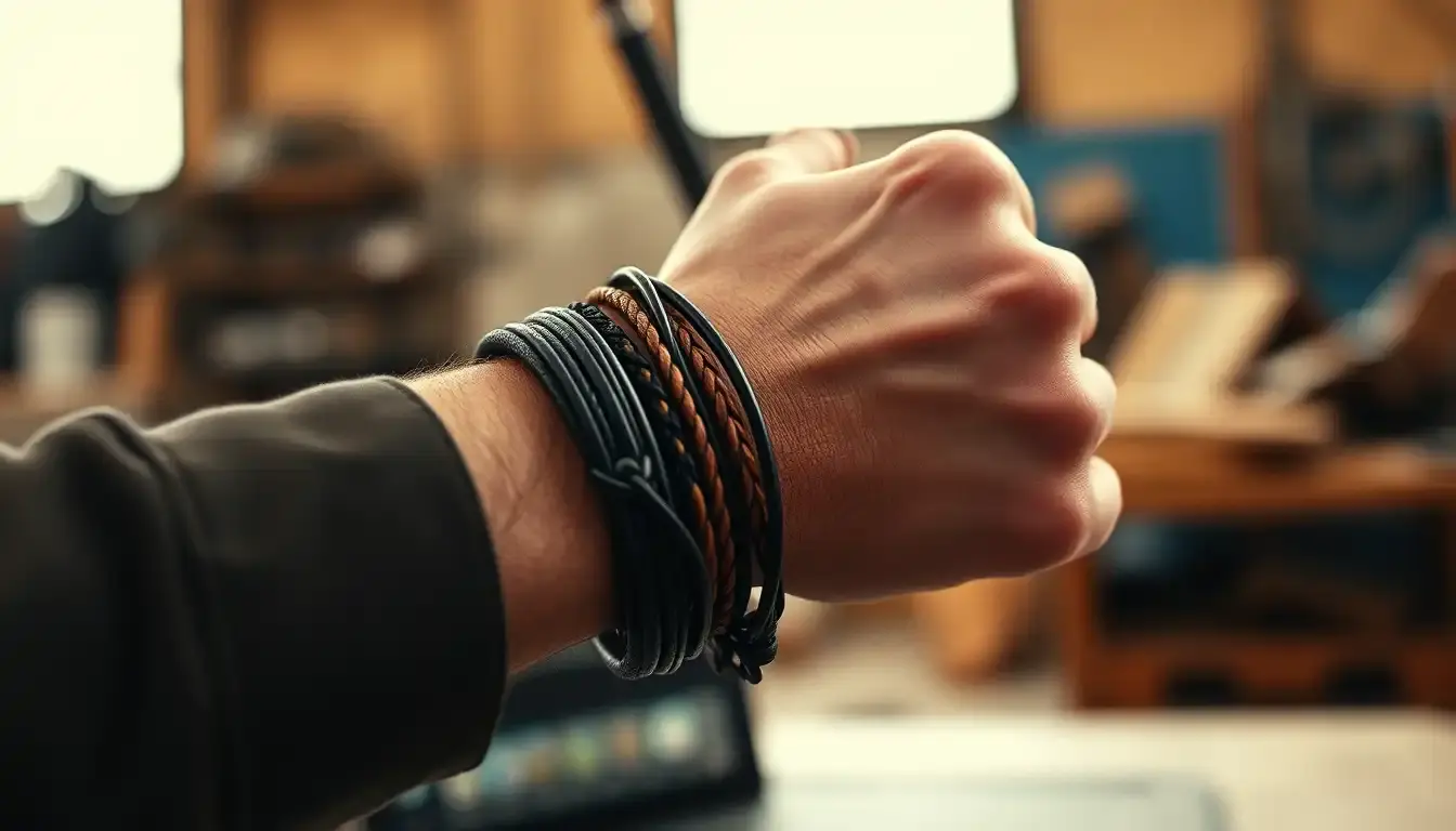 Gros plan d'un poignet masculin portant un bracelet cuir homme de qualité