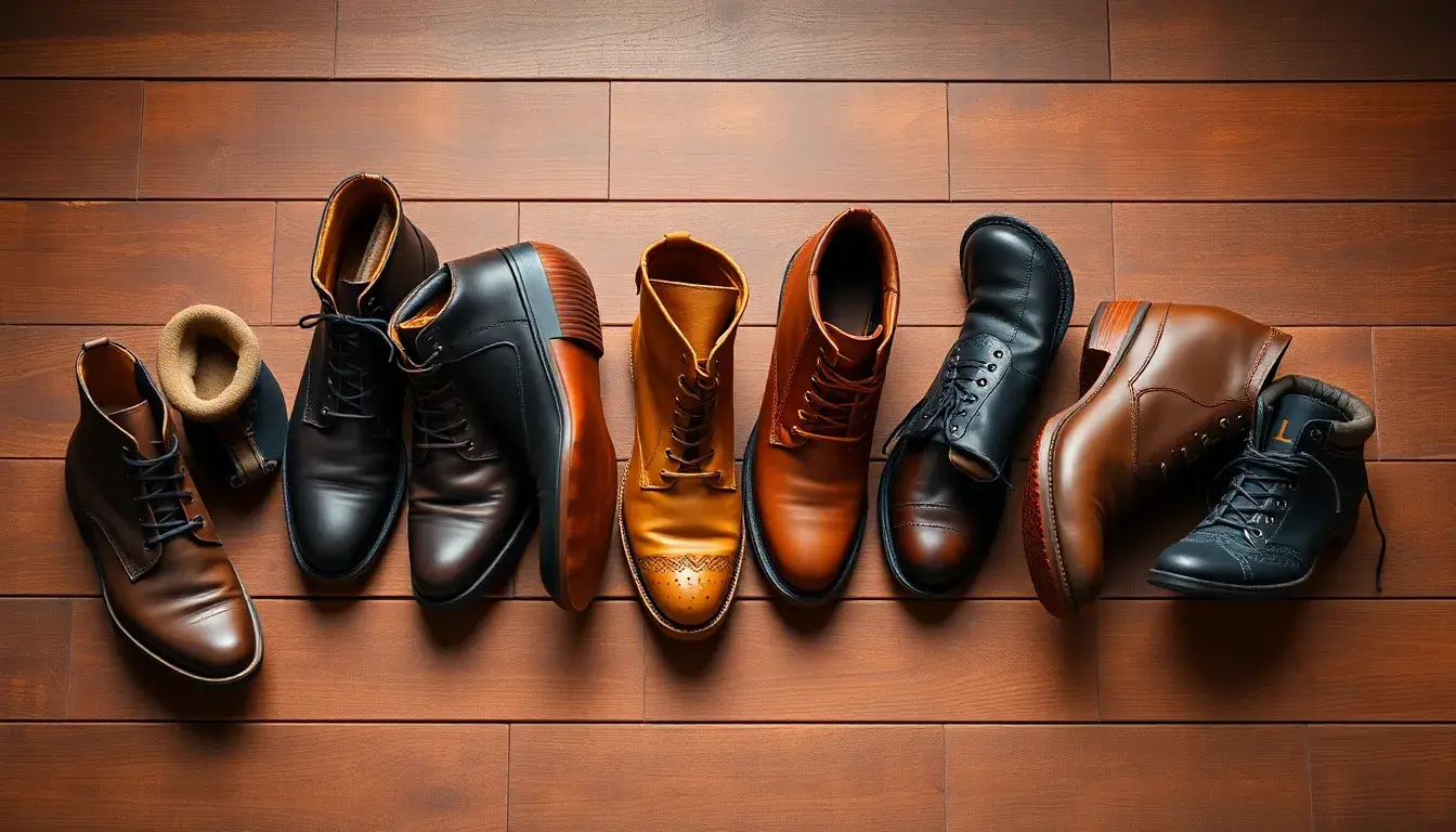 Différents styles de boots cuir homme disposées sur un sol en bois rustique