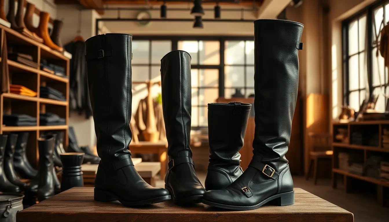Collection de bottes cuir femme noir élégantes dans un atelier artisanal