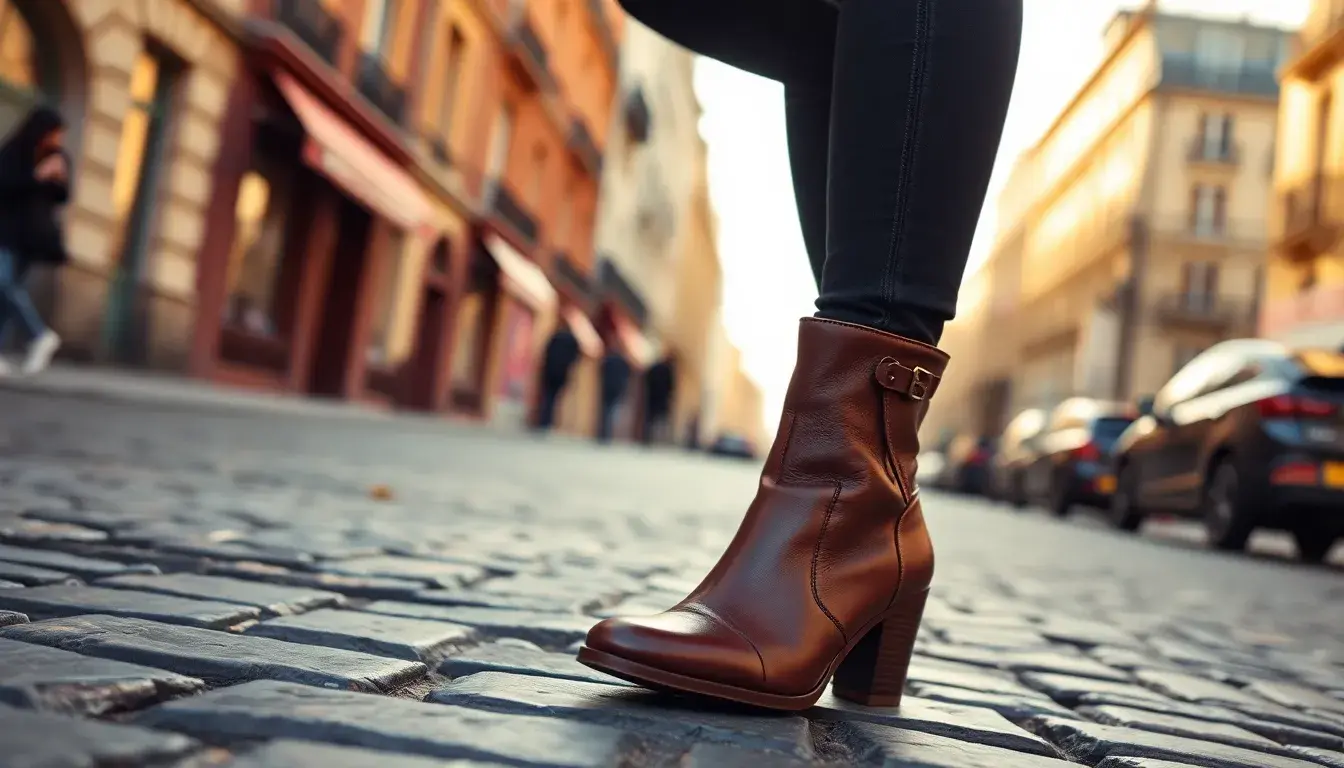 Bottines cuir femme élégantes sur un pavé citadin au soleil couchant.