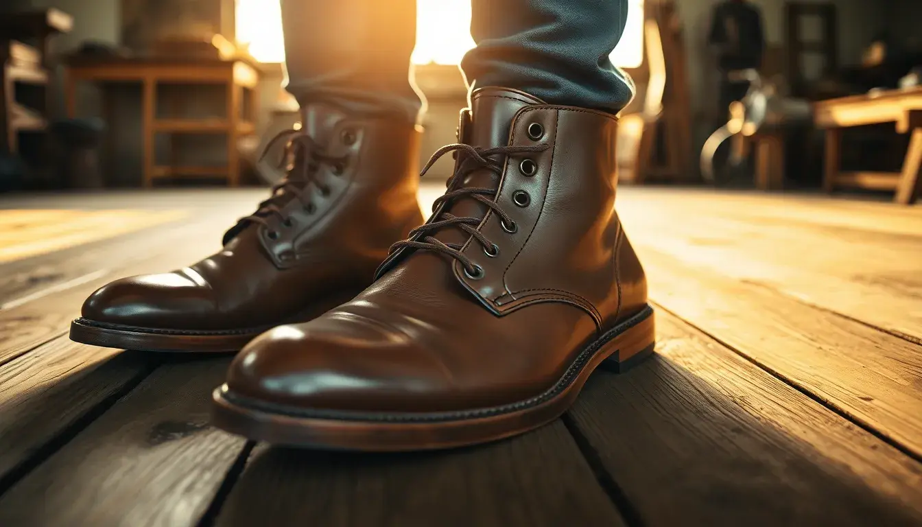 Bottine cuir homme haut de gamme sur parquet rustique avec lumière naturelle