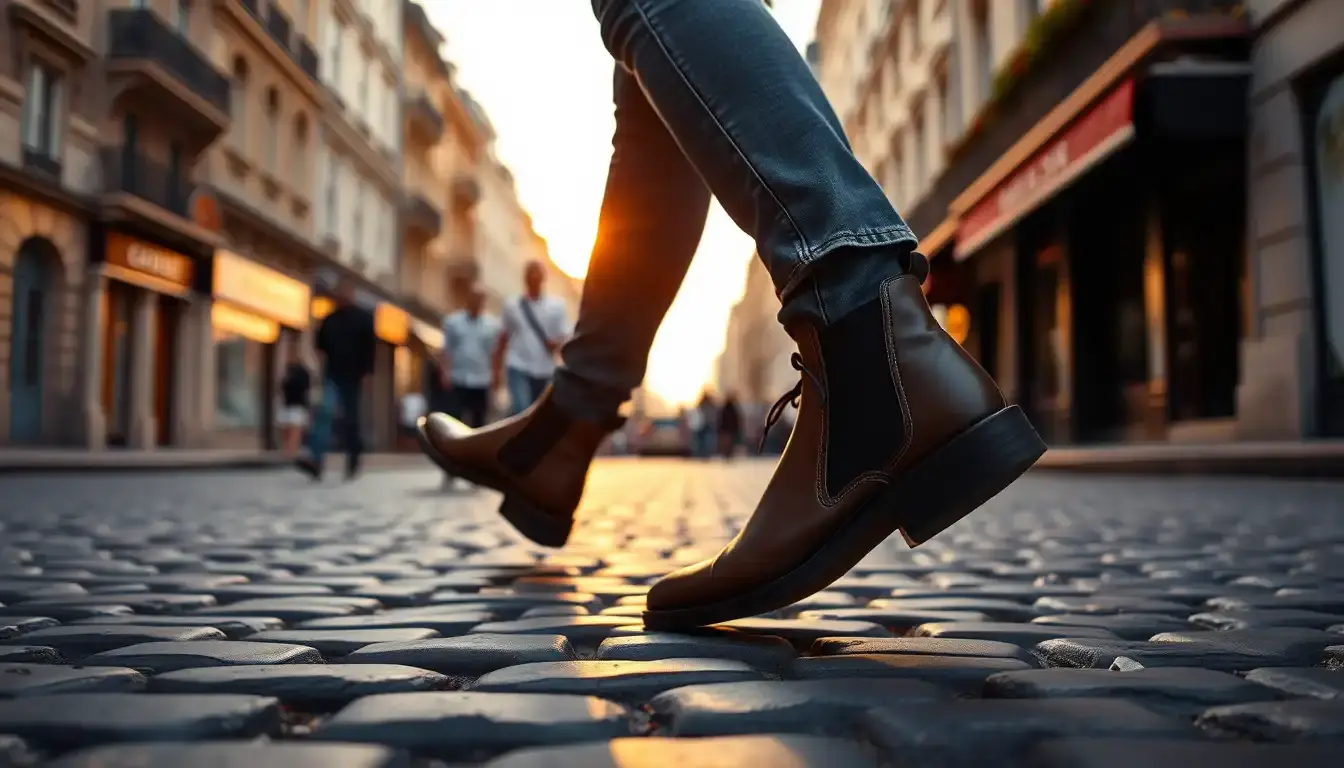 Bottine homme cuir de style Chelsea sur pavés urbains au coucher du soleil.