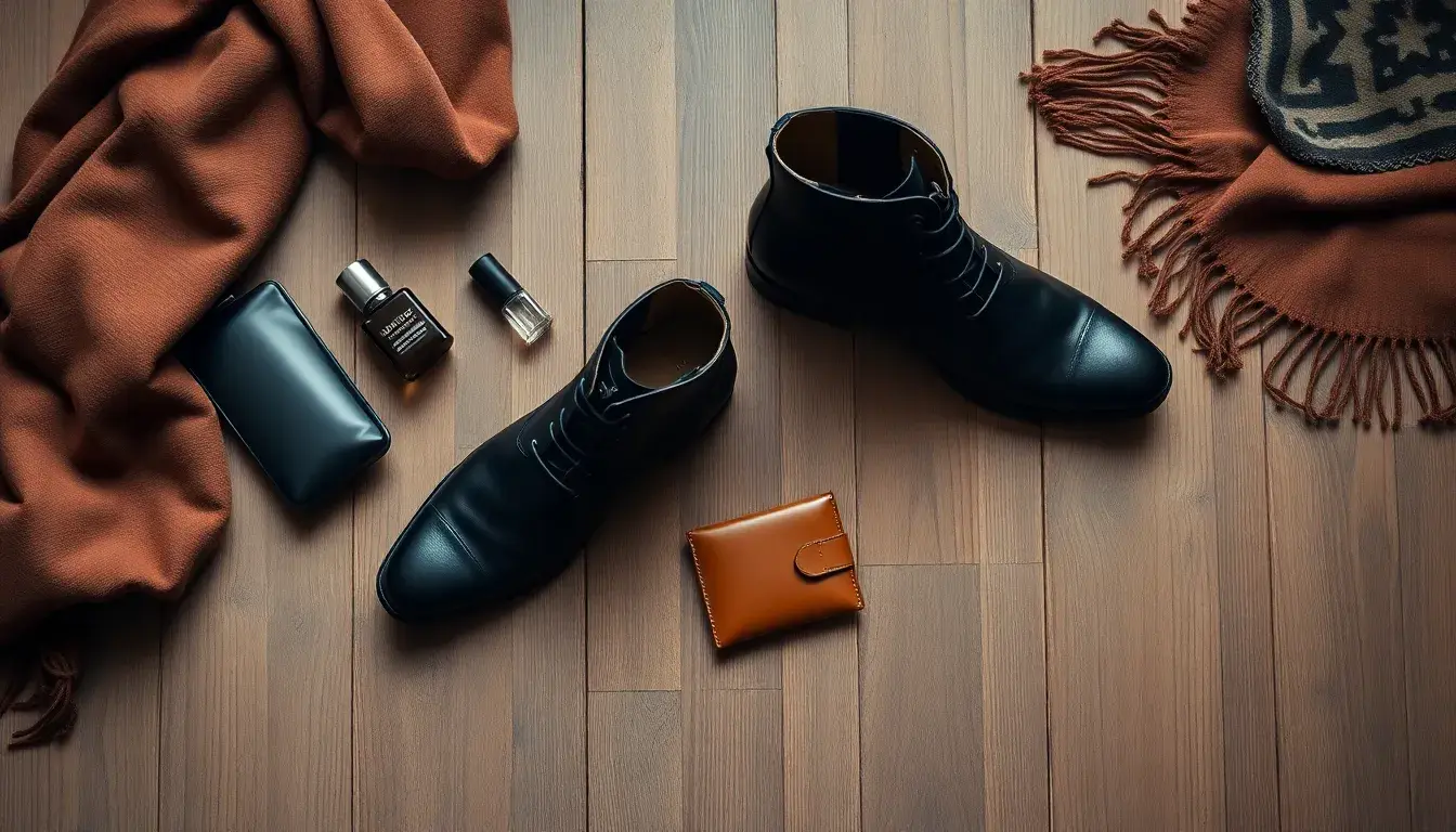 Bottines en cuir noir élégantes posées sur un sol en bois avec kit d'entretien