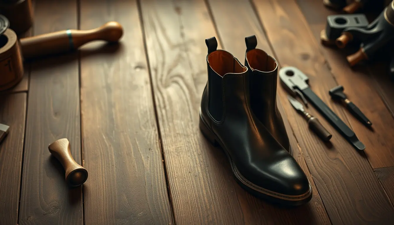 Bottines en cuir de qualité supérieure posées sur un sol en bois rustique