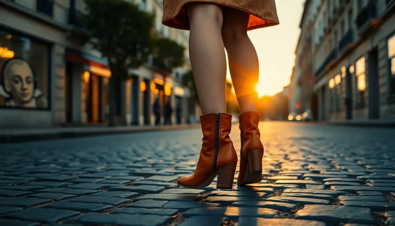 Femme élégante portant des bottines en cuir souple marron sur une rue pavée