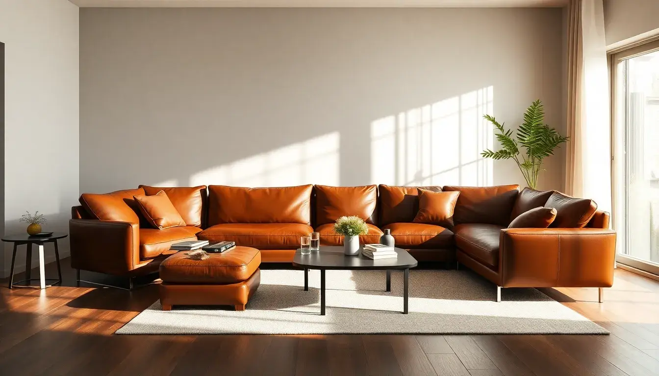Canapé en cuir pleine fleur marron dans un salon moderne et lumineux