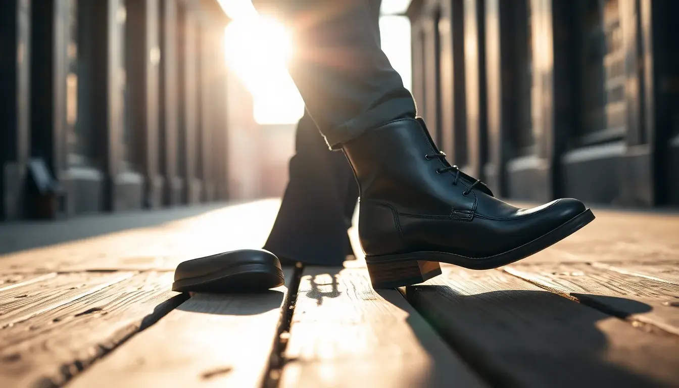 Bottines homme cuir élégantes posées sur un parquet ancien avec une lumière chaleureuse