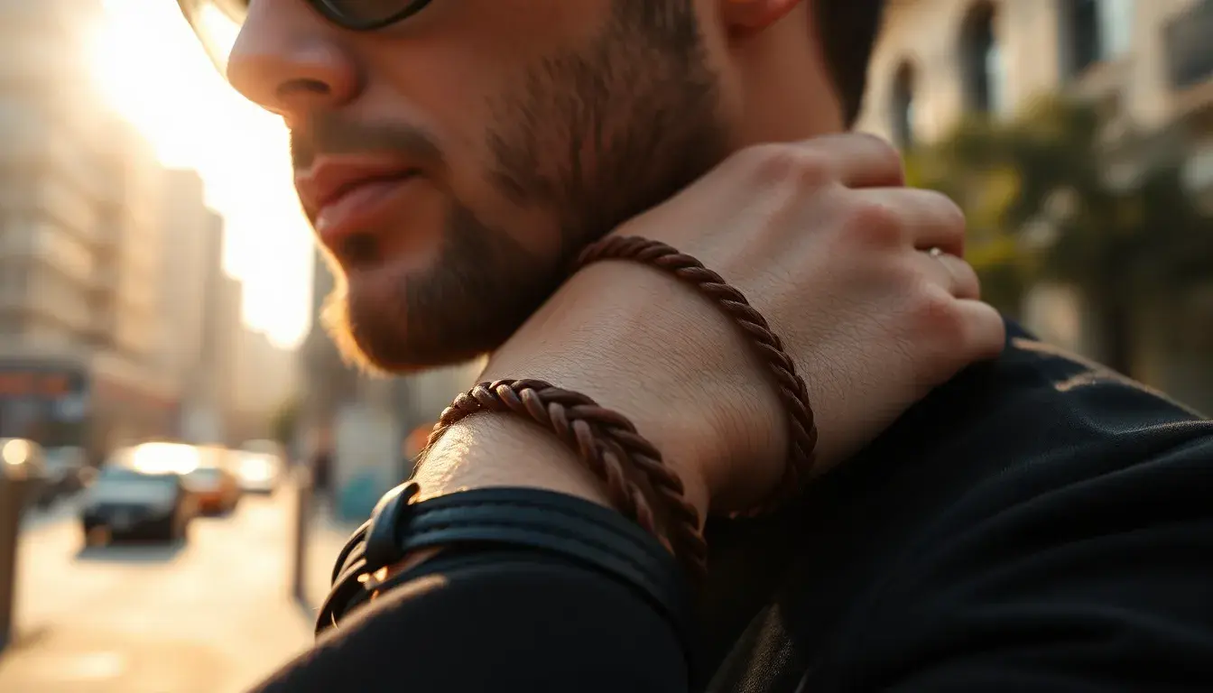 Bracelet cuir homme élégant avec détails en métal sur poignet masculin