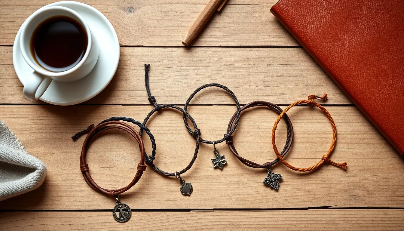 Différents styles de bracelets cuir femme sur une table en bois artisanale