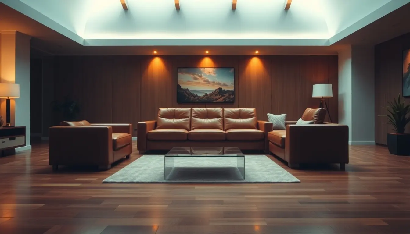 Canapé cuir 3 places luxueux dans un salon moderne avec éclairage chaleureux