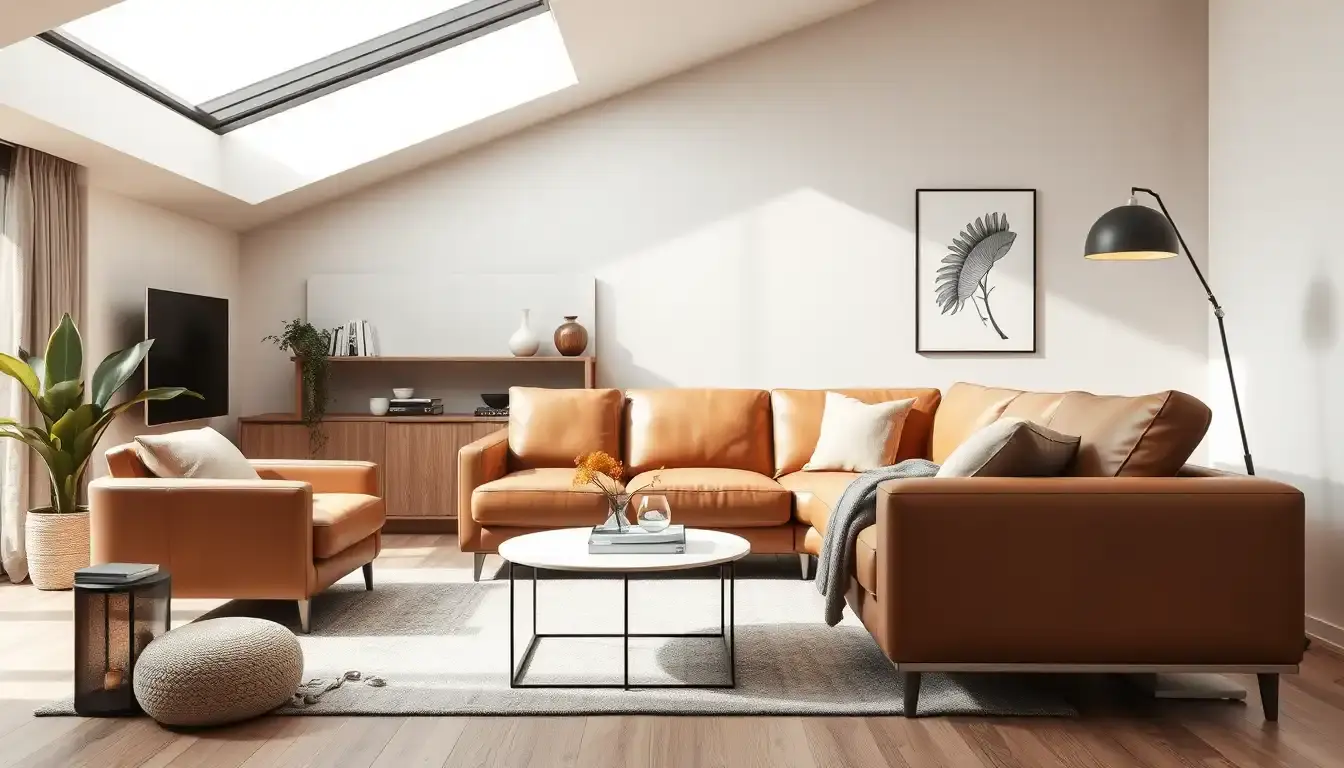 Salon moderne avec un canapé simili cuir élégant et lumineux