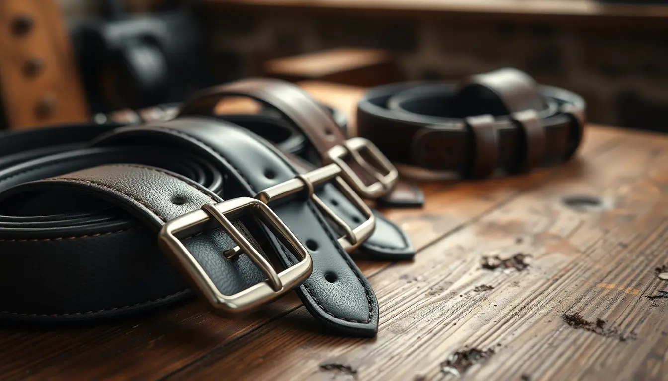 Collection de ceintures en cuir de haute qualité sur une table en bois d'artisan